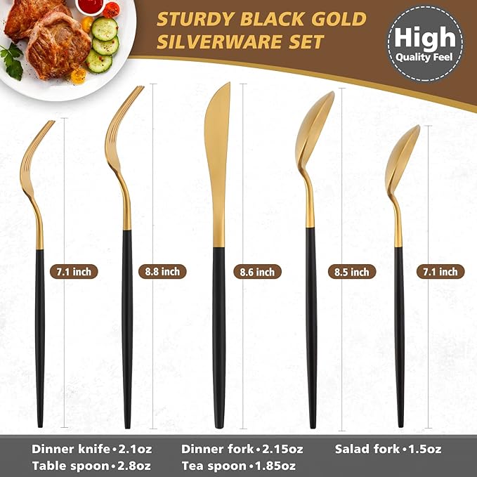 Matte Black Gold Silverware Set, Oliviola 20-Piece Stainless Steel Flatware Cutlery Set Service for 4, Satin Finish Kitchen Utensil Set, Dishwasher Safe