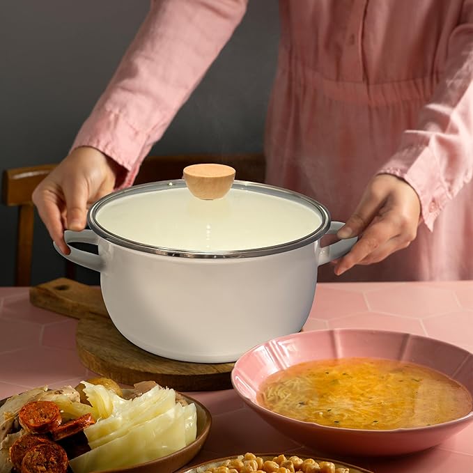 Enamel Stockpot with Lid, 4 Quart Soup with Handle, Big Granite Cooking Pot for Stovetop, Campfire, Outdoor Stove