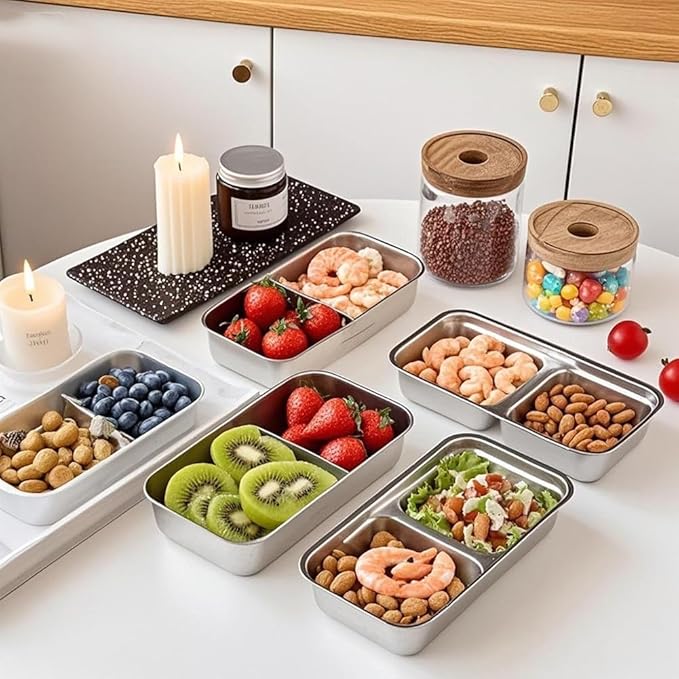 3 Pack Stainless Steel Snack Containers, Meal Prep Containers, Metal Bento Lunch Box with 2 Compartments, Dishwasher-Safe, Reusable Grab and Go Snack Containers with Lids for Travel, Office, Camping