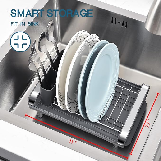 TOOLF Small Dish Drying Rack, Mini Expandable Compact Dish Rack, Slim Extendable Stainless Steel Dish Drainer for Kitchen Plate Storage, Space Saving Dish Strainer in Sink or on Home Countertop, Gray