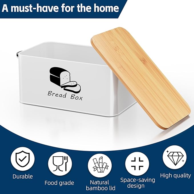 Metal Bread Box with Bamboo Cutting Board Lid, Bread Storage Container, Modern Kitchen Organizer for Sourdough, Buns, and Loaves (White)