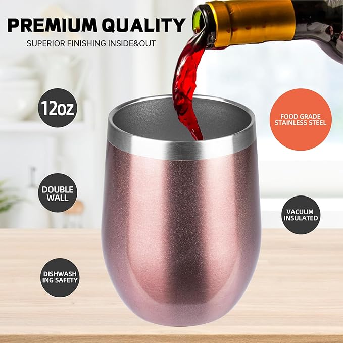StarSpeed 12oz/6 Pack Wine Tumbler with lid, Stainless Steel Travel Mugs Stemless Double Wall Insulated Coffee Cup, Insulated Wine Glasses Travel Tumbler for Cold & Hot Drinks(Rose Gold, 6)