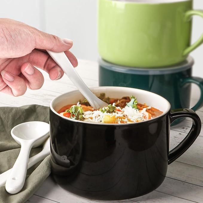 Soup Bowls with Handles & Spoons, 30oz Ceramic Ramen Bowl with Lid, Large Soup Mugs/Cups for Instant Noodle, Big Cereal Bowls for Oatmeal, Soup Containers with Lids, Set of 2, Black