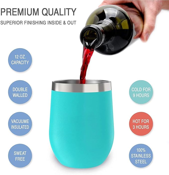 CHILLOUT LIFE 12 oz Stainless Steel Wine Tumblers 4 Pack - Double Wall Vacuum Insulated Wine Glasses Cups with Lids and Straws Set Keeping Cold & Hot for Coffee, Beer, Ice Cream - Powder Coated Blue