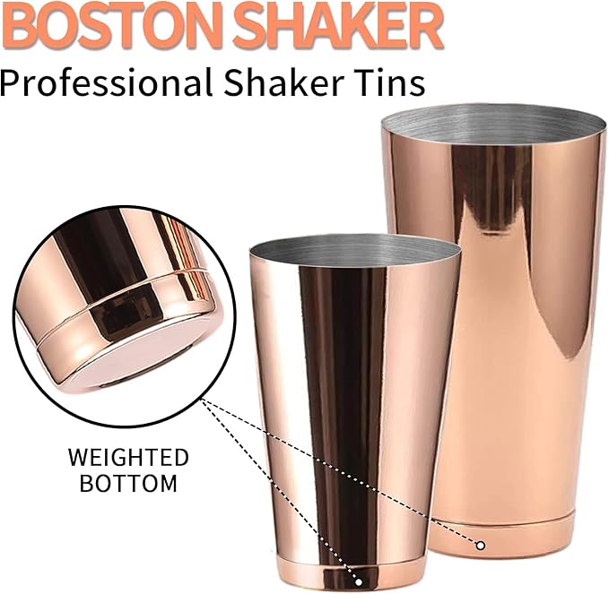 Stainless Steel Pro Boston Shaker - 2 Piece Unweighted 18oz & Weighted 28oz Martini Drink Shaker Kit for Bartender - Copper