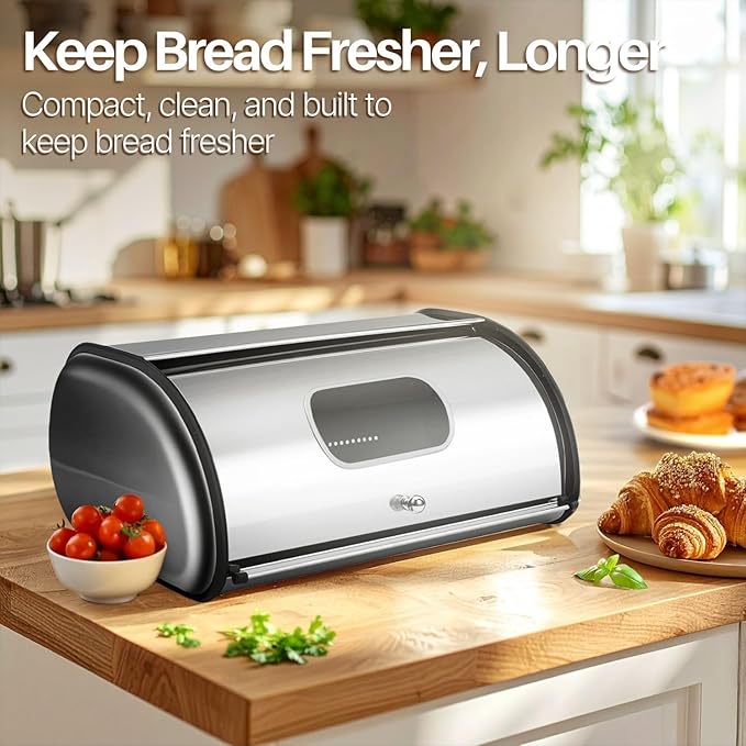 Flexzion Stainless Steel Bread Box For Kitchen Countertop (17 inch) - Kitchen Countertop Metal Bread Storage with Roll Up Lid & Front Window for Restaurant & Homemade Cakes, Buns, Pastries, Pancakes