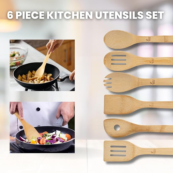 6 Piece kitchen utensils set - bamboo cooking utensils with comfort grip, including bamboo spoons, shovels & spatulas | wooden utensil set for non-stick pans, kitchen essentials
