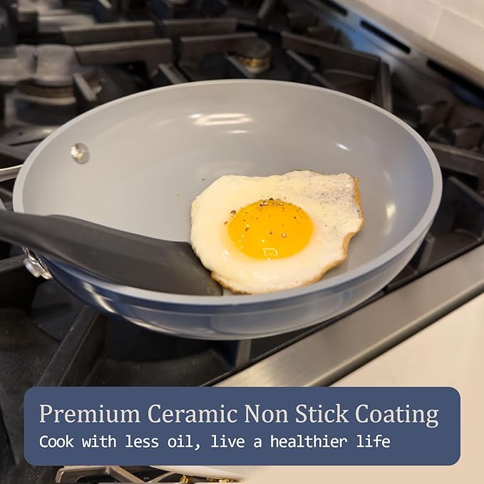 Nonstick Ceramic Sauté Pan w/Lid (4.5 qt, 11") Deep Frying Pan for All Cooktops Non Toxic Skillet PTFE/PFOA/PFAS Free, Even Heat Distribution Stainless Steel Stay-Cool Handle, Navy Blue