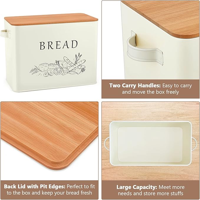 P&P CHEF Bread Box for Kitchen Counter, Metal Bread Storage Bin with Wooden Cutting Lid, Large Capacity for Holding 2+ Loaves, Retro Modern Style, Size 13” x 7.2” x 9.7”, Cream