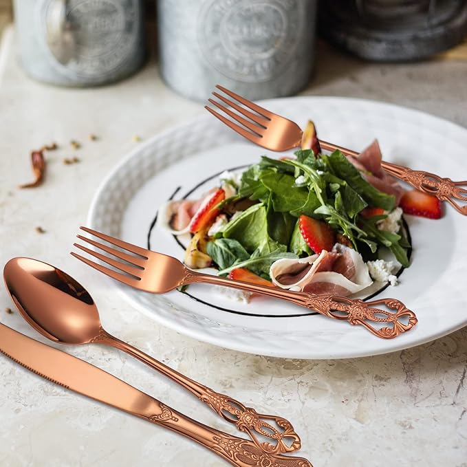 Royal Flatware Set for 4 Copper/Rose Gold Silverware Stainless Steel Cutlery 20 Piece With Vintage Relief Deisgn Kitchen Utensils Retro Forks Spoons Knives Parties Daily Use