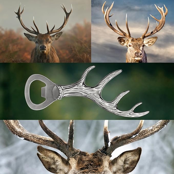 LKKCHER Deer Reindeer Antlers Beer Bottle Opener, Father's Day & Christmas Gifts for Men, Women & Hunters, Dark Silver