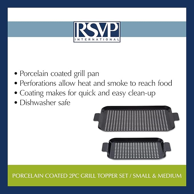 RSVP International Porcelain Coated Steel BBQ Grill Tray/Pan, Outdoor Barbeque Grilling Accessories for Cooking Fish & Vegetables, Dishwasher Safe, Small, 13x7.25/Medium, 16.75x10