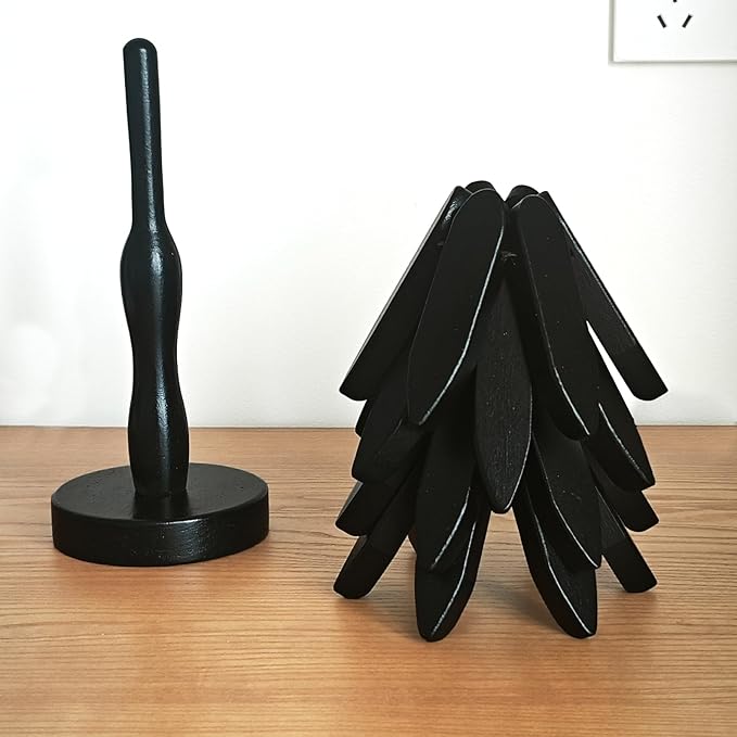 Wooden Trivets for Hot Dishes, Tree Shape Trivet Set, 4 Walnut Wood + 1 Stand stored Like a Christmas Tree,Foldable Kitchen Wooden Trivet,for Hot Dishes、Pot、Bowl、Teapot、Hot Pot Holder (White)