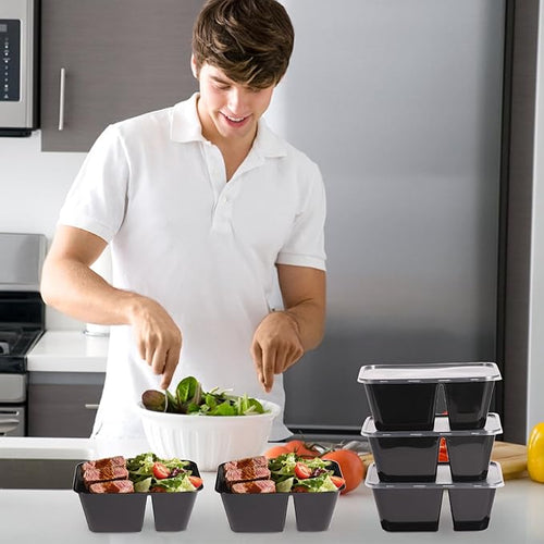 10 Pack 28 oz Meal Prep Containers Reusable with Lids, 2 Compartment Food Storage Containers To Go for Lunch Microwavable, Disposable Plastic Box to Take out, Freezer and Dishwasher Safe