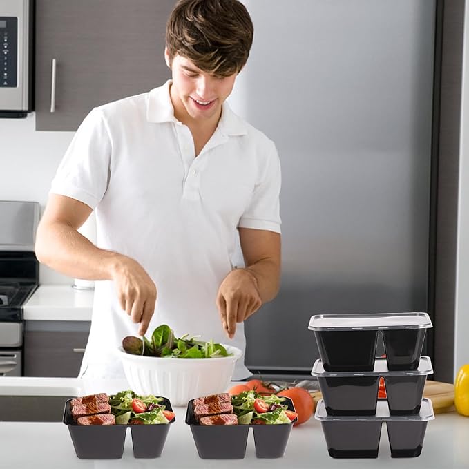 50Pack 32oz Meal Prep Containers, 2-Compartment Disposable or Reusable Food Storage Containers with Lids, Plastic Stackable To Go Boxes Microwave, Freezer, Dishwasher Safe
