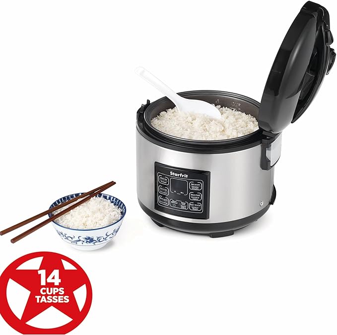 Starfrit Electric Rice Cooker - 14 Cups - Steamer Basket, Measuring Cup & Service Spoon - 500W - Silver