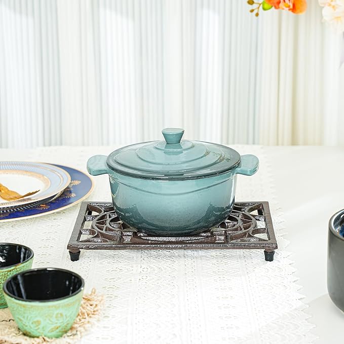 Sungmor Rectangle Cast Iron Trivets, Metal Trivet for Hot Pots and Pans, Heavy Duty Rustic Wood Stove Tea Pot Trivet, Decorative Hot Pot Holder for Kitchen Counter and Dining Table, Vintage Pattern