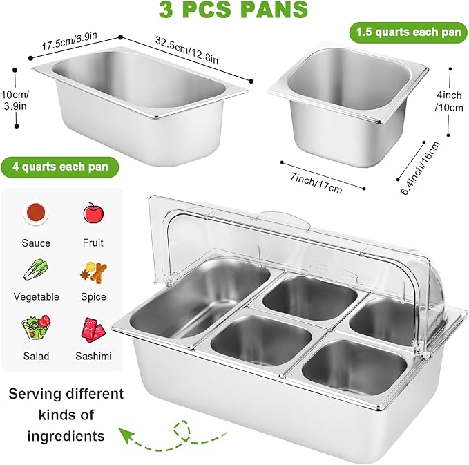 Cold Food Buffet Server 5 Pans (4 Pans×1.6Qt & 1 Pan×4QT) with Ice Packs for Salad Pizza Sauce Colded Serving Trays Condiments Containers for Parties Buffet