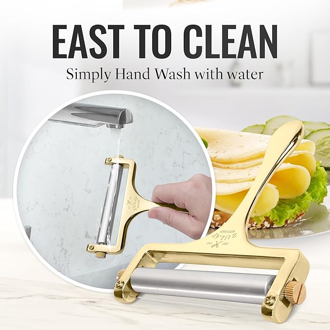 Zulay Kitchen Cheese Slicer With Adjustable Thickness – Heavy Duty Block Slicer with 2 Extra Wires – Ideal for Mozzarella, Cheddar, Gouda - Gold