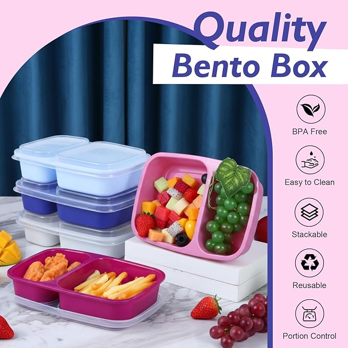 Honeydak 5 Pack Lunchable Snack Containers 2 Compartment Divided Bento Snack Boxes Reusable Meal Prep Containers with Lids Lunch Food Storage Box for School Work Travel(Elderberry Color)