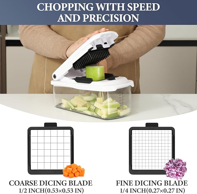 Ourokhome Food Chopper with Container, Manual Mandolin Vegetable Slicer Onion Dicer with 8 Blades, Hand Veggie Shredder for Potato, Tomato, Essential Kitchen Gadgets (8 in 1, White)