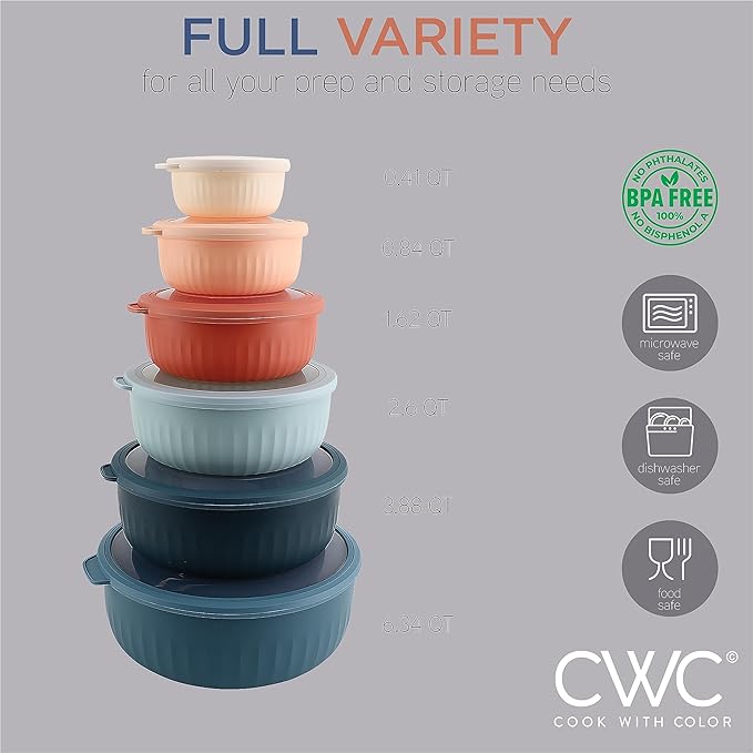 COOK WITH COLOR Prep Bowls with Lids- Wide and Deep Nesting Plastic Small Mixing Bowl Set with Lids, 12 Piece Set - Wide Bowls, Multicolor