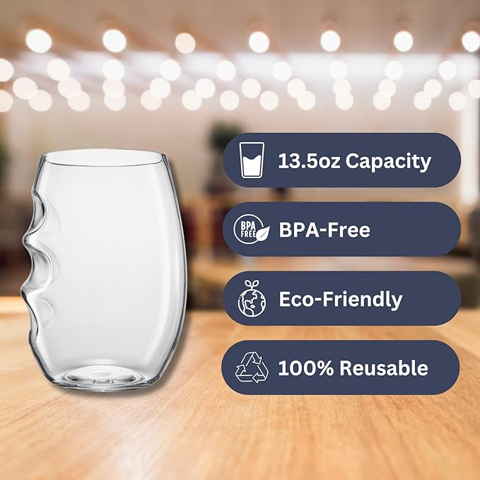 Unbreakable European Plastic Crystal, Stemless Wine Glasses | Set of 12, 13.5 OZ | Acrylic Tritan Set with 3-Finger Indentations - Clear Short Tumbler Set, BPA Free, Reusable, Naturally Aerates Wine