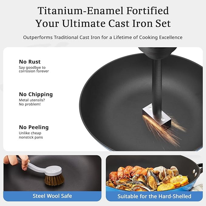 KITESSENSU Enameled Cast Iron Skillets - Non Stick Frying Pans Set with Durable Wooden Handle - 8&10&12 In Titanium Cast Iron Pans for Multi-Cooking - Pre Seasoned Cookware Set - Gradual Cobalt Blue