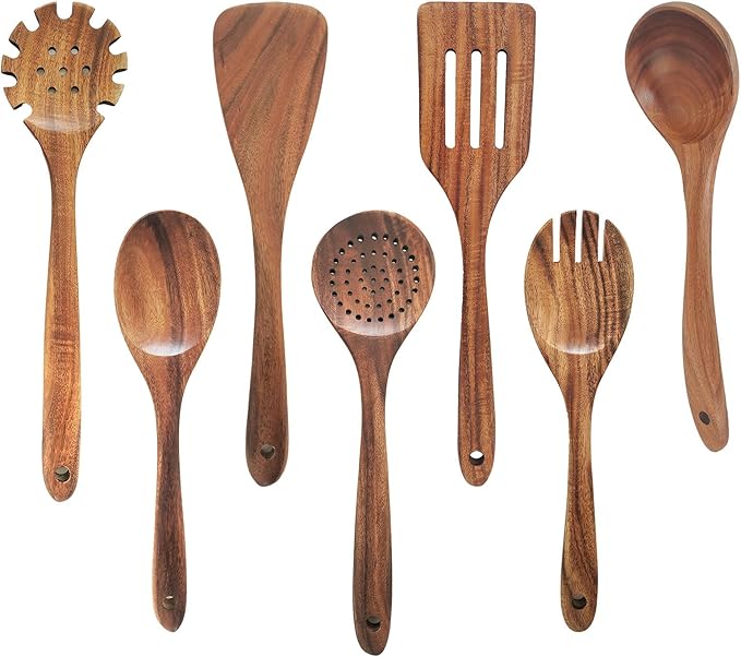 Wooden Kitchen Utensils Set, Teak Wood Cooking Spoons for Non-Stick Pans, 7 Pieces