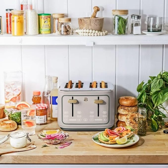 Beautiful 4 Slices Toaster - 7 Shade Settings, Touch Display, Extra-Wide Slots for Bagels, Gluten-Free & Frozen Presets, LED Countdown, Removable Crumb Tray, 1800-watt toasting (Porcini Taupe)