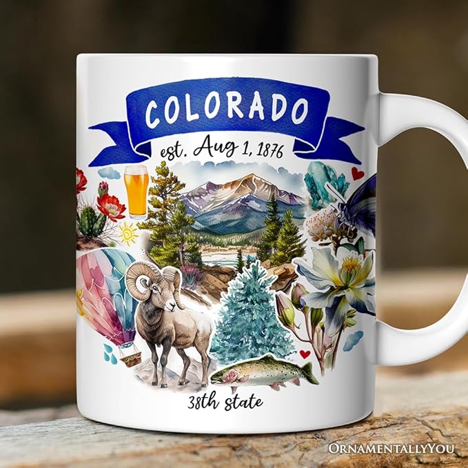 OrnamentallyYou State Travel Landmark Mugs – 12 oz Ceramic Coffee Cups, U.S. Souvenir Gift for Tourists (Artistic Colorado State Themes and Landmarks Mug)