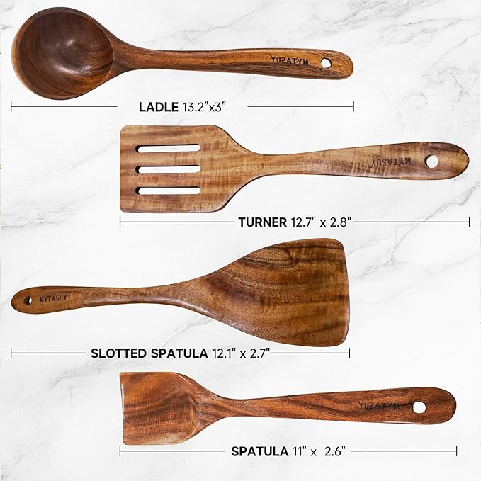 4 Pcs Wooden Spoons for Cooking-Non Scratch Cooking Utensil Set Natural Solid Wood Material Teak Wooden Kitchen Utensil Set-Spatulas，Fried Spatula，Slotted Spatula，Ladle