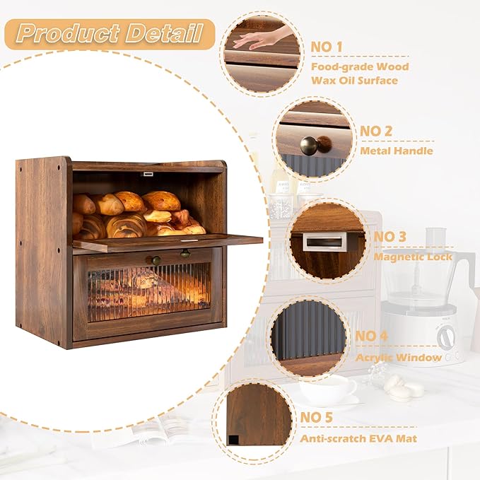Double Layer Large Bread Box for Kitchen Counter, Wooden Corner Bread Storage Container with Acrylic Window, Retro Brown