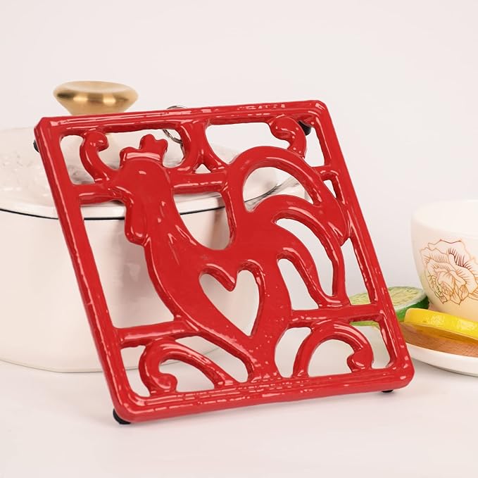 Vintage Square Cast Iron Trivet - Metal Trivet for Hot Dishes, Heat Resistant Trivet Mat for Kitchen Countertop Hot Pots and Pans, Red