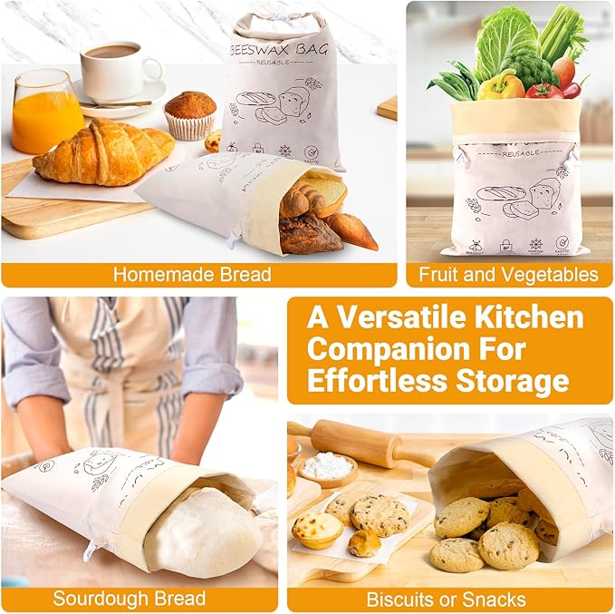 2 Pack Reusable Beeswax Bread Bags for Sourdough & Homemade Bread, Cotton Material Natural Beeswax Bread Bag, 17 x 13 Inches Food Storage Cloth Bag for Freezer & Refrigerator Airtight Freshness Keeper