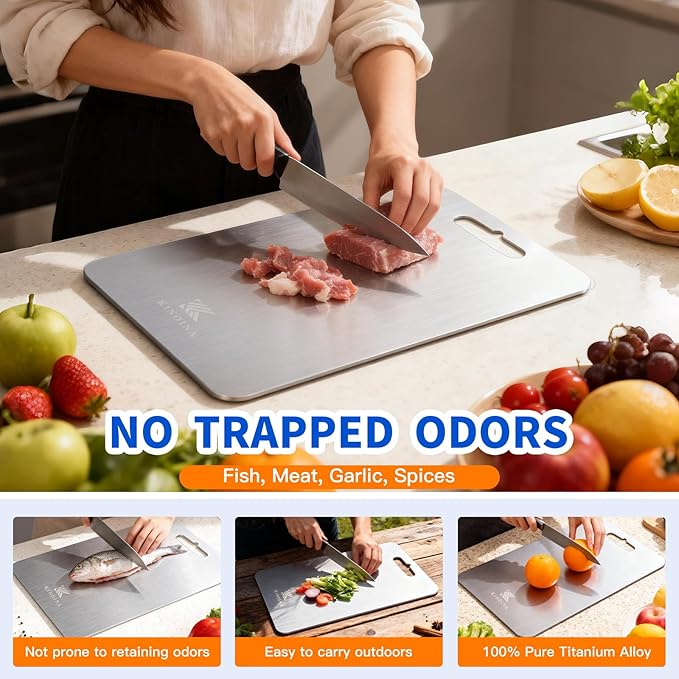 Titanium Cutting Board - 100% Pure Titanium Chopping Board for Kitchen, Camping | Lightweight, Odorless, Dishwasher Safe, Non-Toxic | Professional Chef & Home Cook Essential (12''L×8''W)
