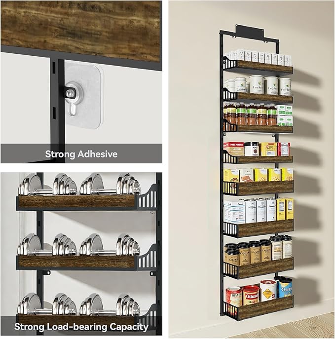 Over the Door Pantry Organizer, 8-Tier Door Spice Rack Organizer Pantry, Behind the Door Storage Organizer with Adjustable Baskets, 2 in 1 Wall Mount or Hanging Back of Door Organizer