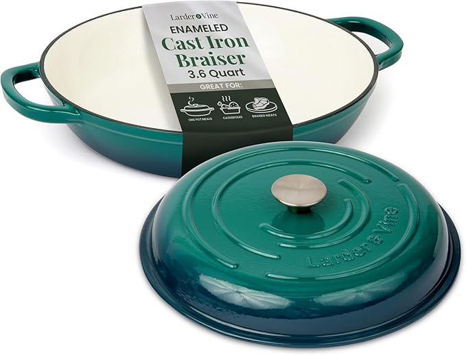 Larder & Vine Enameled Cast Iron Braiser | 3.6 qt Braiser Pan with Lid | Shallow Dutch Oven Compatible on All Cooktops | Casserole Dish Oven Safe to 500° F | Dual Handles | Bondi