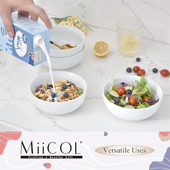 Miicol White Cereal Bowls 20 oz, Ceramic Soup Bowls Set of 4, Breakfast Bowl 6 inch, Kitchen Bowl for Pasta, Salad, Ramen, Oatmeal, Microwave and Dishwasher Safe