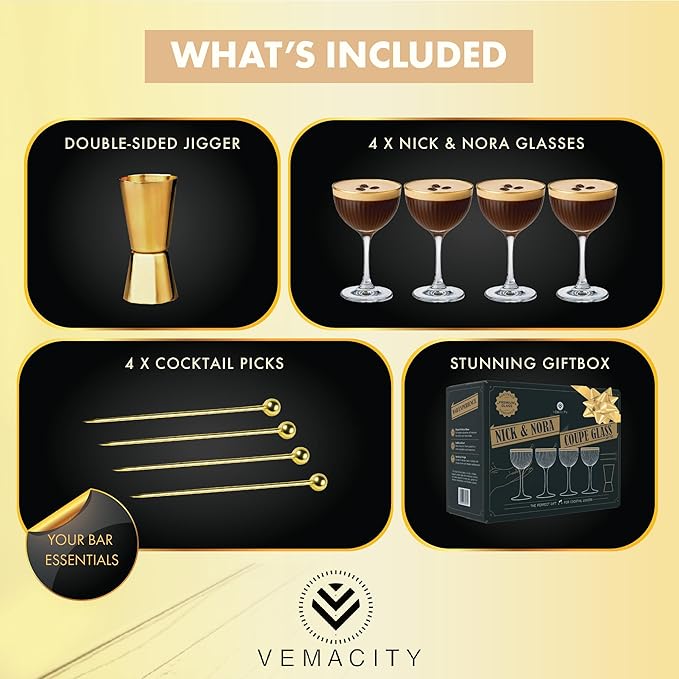 VEMACITY - Ribbed Nick and Nora Cocktail Glasses with Gold Rims (5.4oz) | Nick & Nora Glasses Set of 4, Jigger & 4 Picks - Vintage Glassware | Gimlet Cocktail Glasses | Ideal for Christmas & New Years