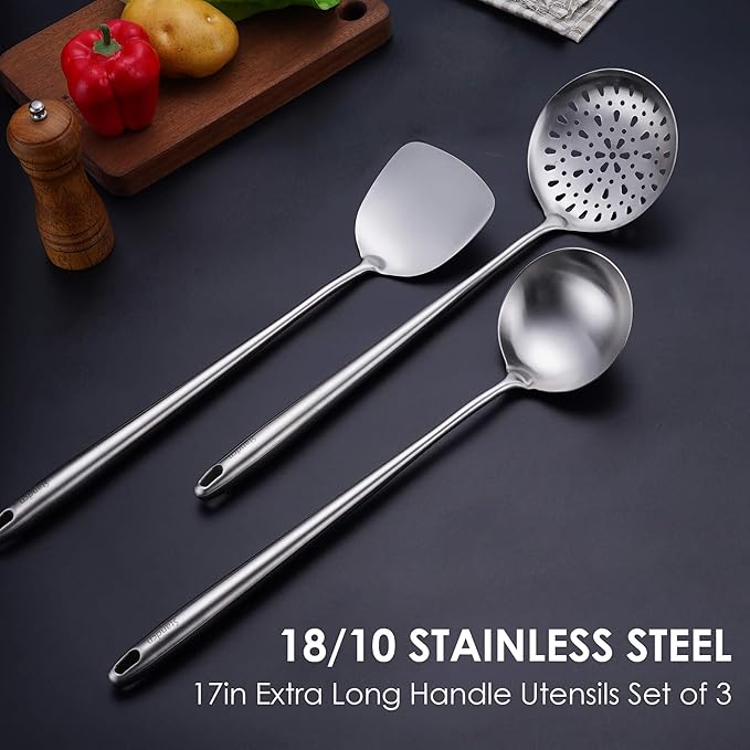 17” Wok Spatula and Ladle, Skimmer Spoon - 304 Stainless Steel Wok Tools Set, 3-Pieces Extra Long Handle Cooking Tools, All Metal Wok Utensils and Wok Accessories for Cast Iron/Carbon Steel Wok