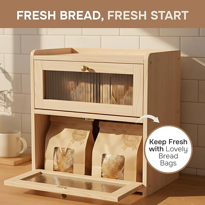 Bread Box for Kitchen Countertop - Wooden 2 Tier Bread Box with 10x Bread Bags and 10x Bread Bag Ties Vintage Breadbox Bread Storage Container Farmhouse Food Organizer Pantry Shelf (Yellow)