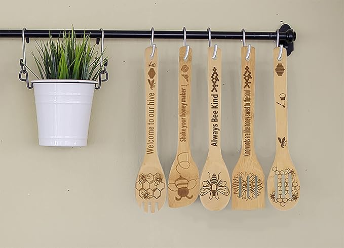 5PCS Bee Wooden Cooking Spoons Set,Bee Gifts,Bee Kitchen Decor,Gifts for Beekeepers,Bamboo Cooking Utensil Spoons Housewarming Wedding Mom Kitchen Gift Idea Kitchen Decor