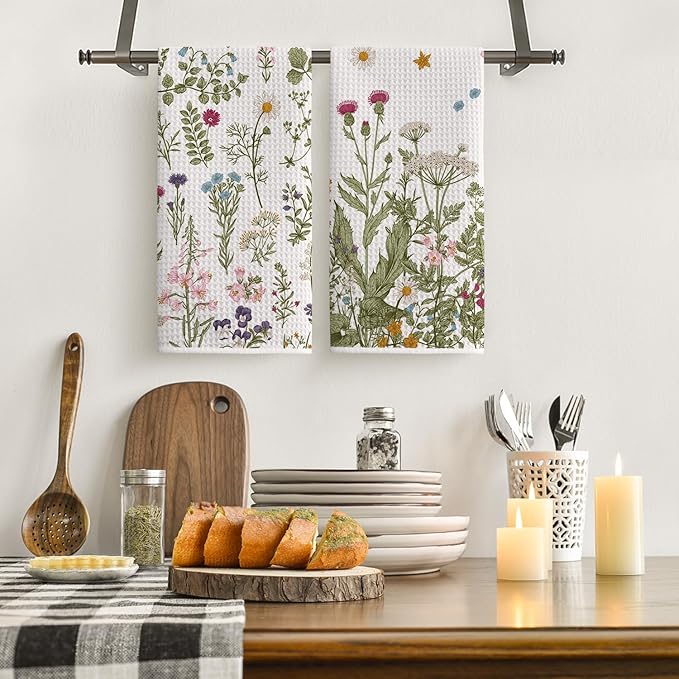 Artoid Mode Wildflower Floral Spring Kitchen Towels Tea Towels, 18x30 Inch Oversize Quick Dry Microfiber Cloth Dish Towels for Kitchen Drying Set of 2