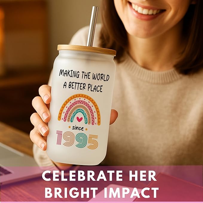 Vivulla68 30th Birthday Gifts For Women Men - 30 Year Old Gifts For Her Him - Thirty Birthday Ideas For Sister, Wife, Friend - 1995 Birthday Gift - 30th Frosted Glass Cup With Lid And Straw