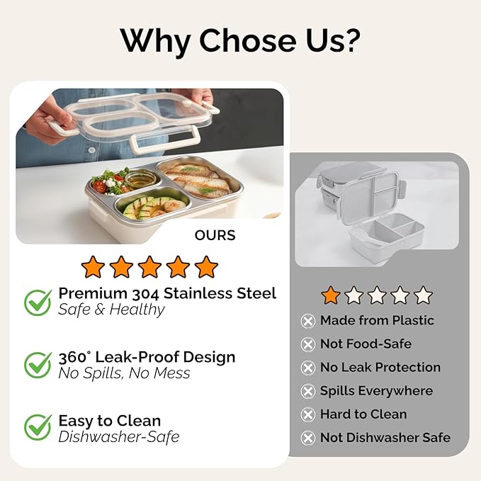 304 Stainless Steel Bento Box for Adults & Kids, 25 Oz Leakproof Metal Lunch Box with 3 Compartments, BPA-Free, Reusable & Dishwasher Safe Food Container for School,Office,Picnic,Travel(Cream)