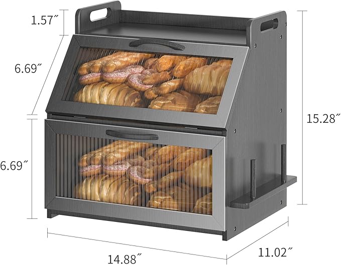 Farmhouse Breadbox Organizer - Large Wooden Double Layer Bread Bin with Acrylic Window, Black