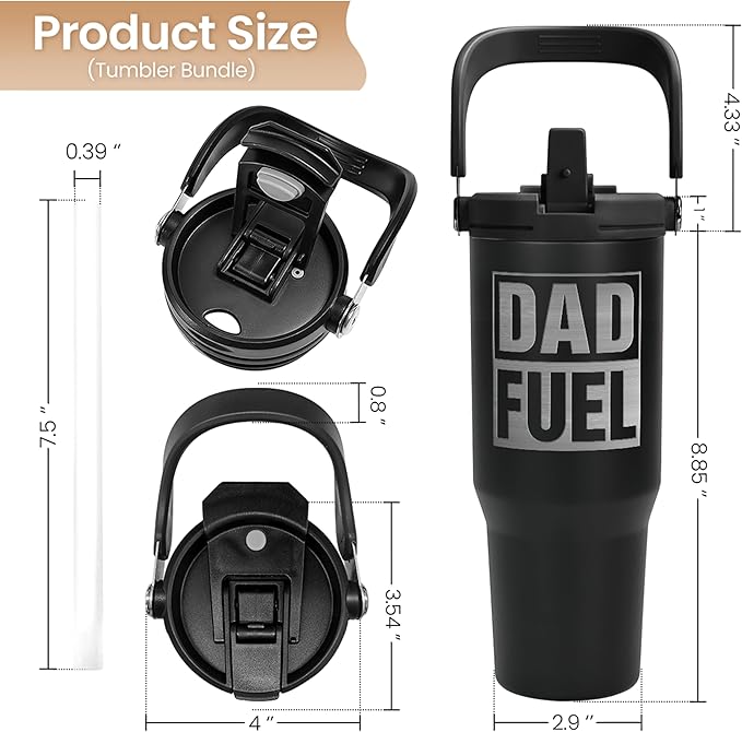 SANDJEST Dad Fuel Stainless Steel Insulated 30oz Tumbler with Carry Handle & Flip Straw Lid for Dad on Fathers Day, Birthday or Christmas
