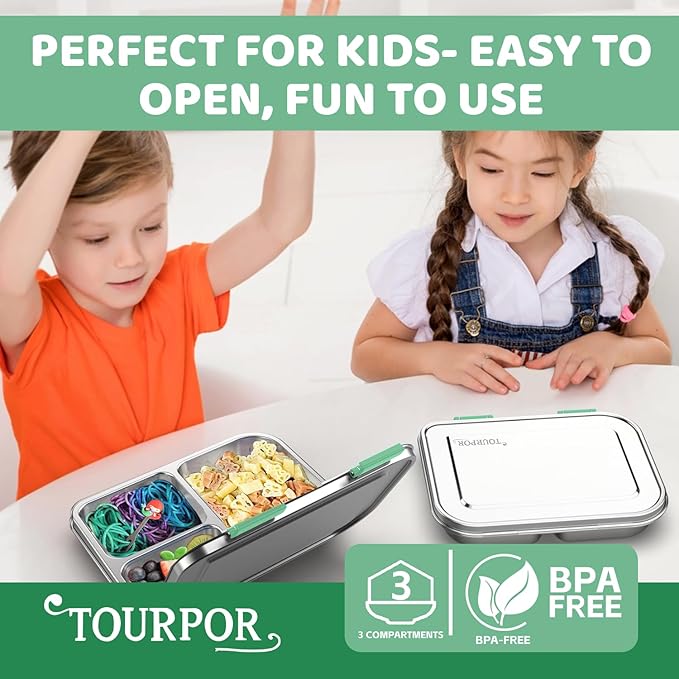 Stainless Steel Lunch Box 1000ml - 3 Compartment Bento Box for Kids & Adults, Leakproof Food Container, BPA-Free Metal Lunch Box with Silicone Seal, Eco-Friendly/Dishwasher Safe (Green)