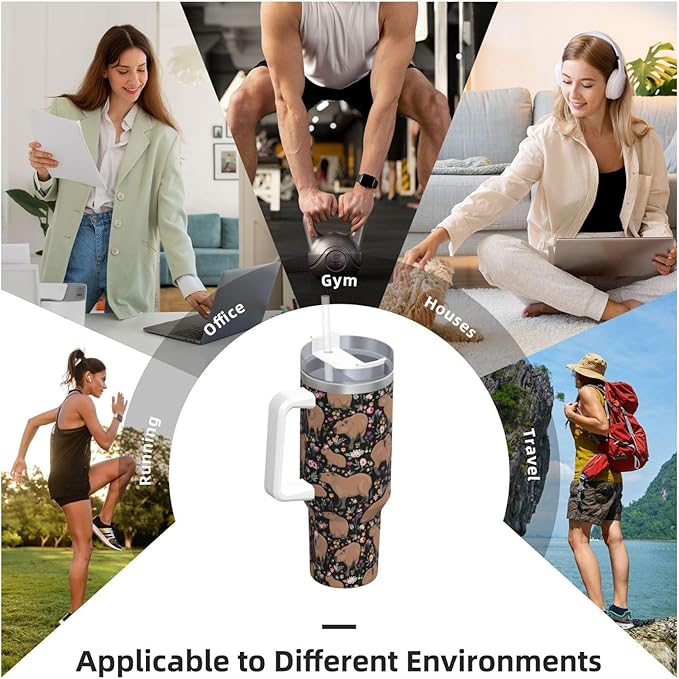 Capybara Gifts Capybara Tumbler Cute Water Bottle Cups for Girls, Teens, Women, Men Stainless Steel Vacuum Insulated 40oz Tumbler with Lid and Straw for Water, Iced Tea or Coffee, Black
